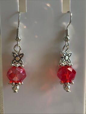 Silver Tone Floral Drop Earrings with Red Glass Crystal Beads fish hooks 1.5”